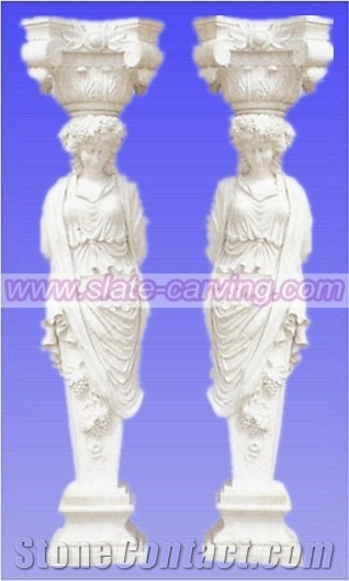 China White Marble Column, Sculptured Pillar with Human Statue