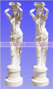 China White Marble Column, Sculptured Pillar with Human Statue
