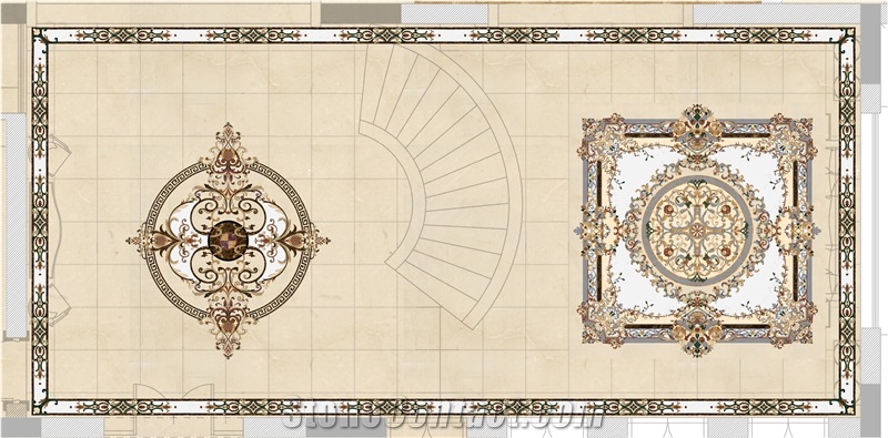 Beige Marble Polished Round Flooring Water Jet Medallion for Indoor Decoration, Fine Art Marble Floors Ltd