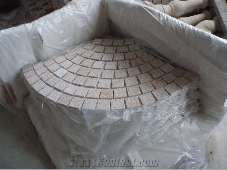 Fan Mesh Road Paving Cobble, Yellow Granite Cube Stone & Pavers