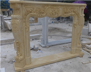 Hot Sale Carved Statue Beige Marble Fireplace Mantel, Sunny Beige Marble Fireplace Mantel