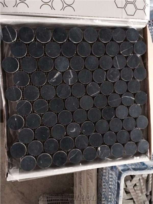 Blm-05 Penny Nero Marquina Marble Round Mosaic