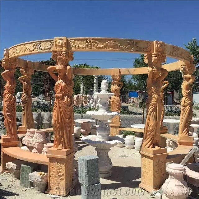 Figure Carving Marble Pillars Pavillion Pergola, Henan Beige Marble Pillars