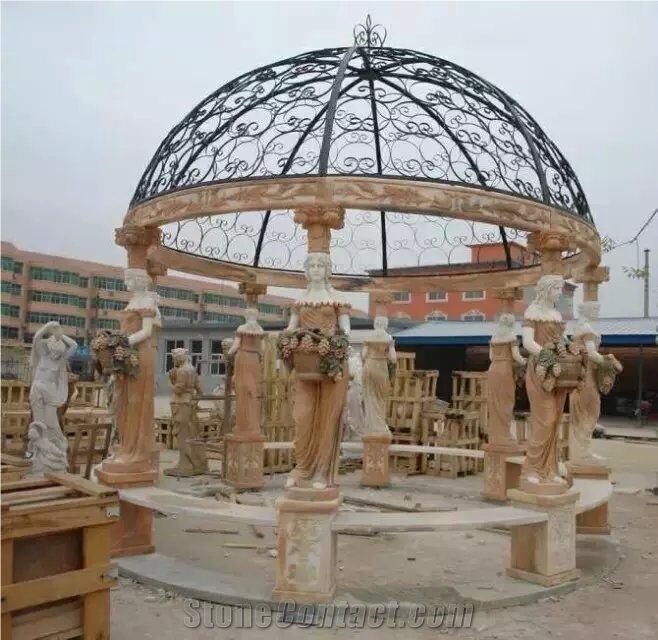 Figure Carving Marble Pillars Pavillion Pergola, Henan Beige Marble Pillars