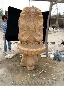 China Yellow Marble Lion Sculptured Fountains, Wall Mounted Fountains