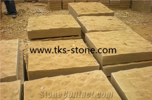 China Yellow Sandstone Rough Pineappled Pavers,Yellow Sandstone Paving Stone Tiles