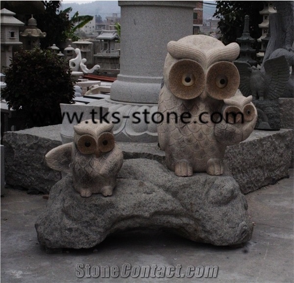 Stone Beige Granite Owl Sculpture&Statue,Owl Caving,Owl Animal Sculptures,Owl Garden Sculptures,Western Statues