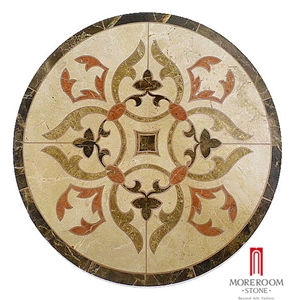 Moreroom Stone Round Waterjet Cream Marble Medallion Mqr003, Crema Marfil Ivory Marble