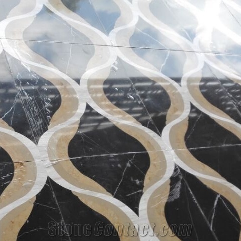 Nero Margiua & Golden Beige Marble Pattern Cut by Water-Jet, Nero Margiua Marble Medallion