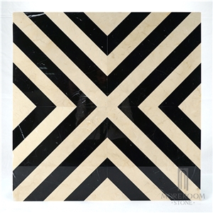Turkey Crema Diva Marble, Nero Marquina Marble Inlay Flooring Design
