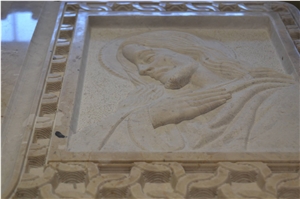 Headstone Botticino Marble, Perlato Sicilia Marble Sculpture, Beige Marble Italy Statue