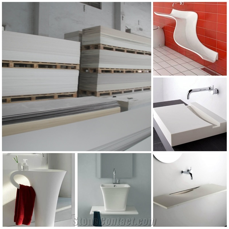 Corian Solid Surface Rectangular Bathroom Sink, Artificial Stone White Marble Sinks & Basins