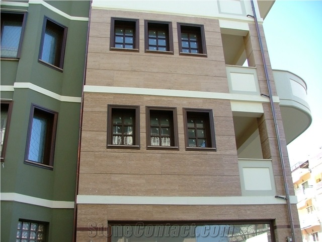 Travertine Wall Cladding, Facade, Vamvakofito Travertine Walling Stone, Beige Travertine Greece Wall Cladding