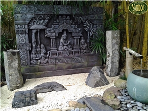 Black Temple Lavastone Relief, Black Basalt Indonesia Etching