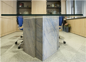 Azul Macaubas Quartzite Table Base, Glass Top, Blue Brazil Quartzite