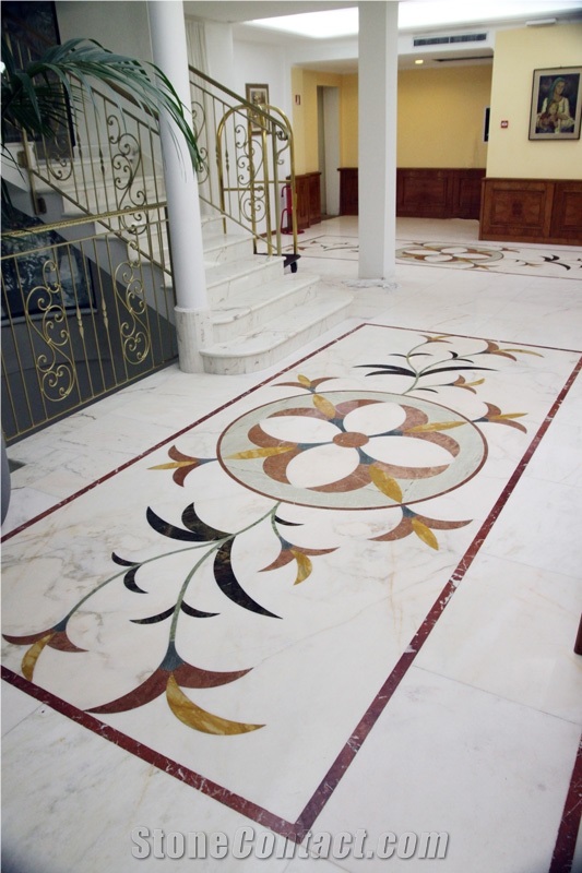Pietrasanta Oro Marble, Giallo Siena Marble, Red Jasper Marble, Waterjet Floor Medallions