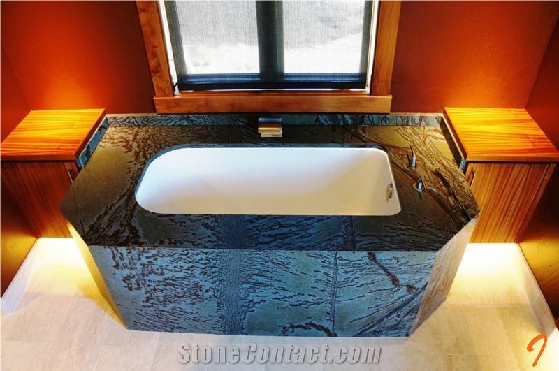 Malibu Green Soapstone Bathtub Deck and Surround
