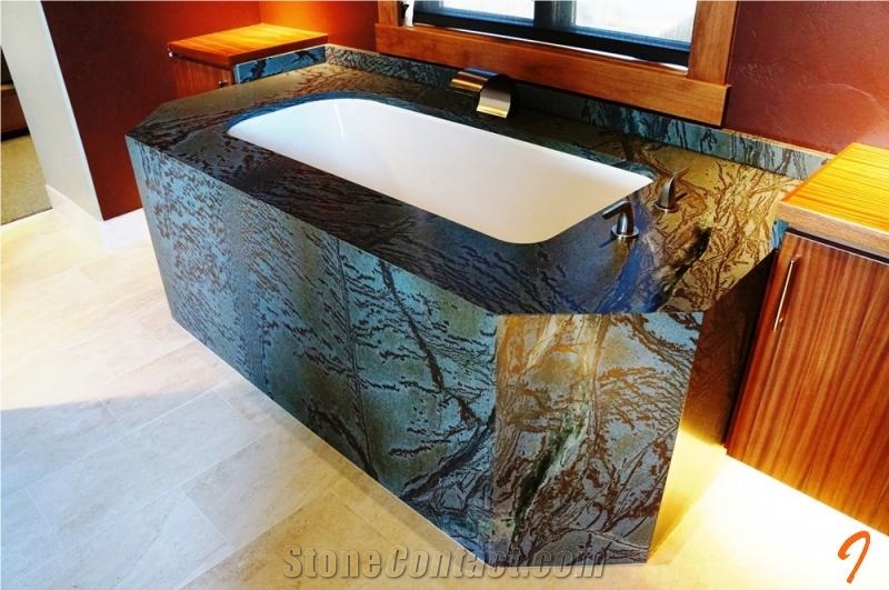 Malibu Green Soapstone Bathtub Deck and Surround