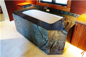 Malibu Green Soapstone Bathtub Deck and Surround