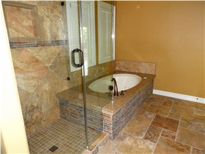 Carnival Travertine Tile with Granite Tub Deck
