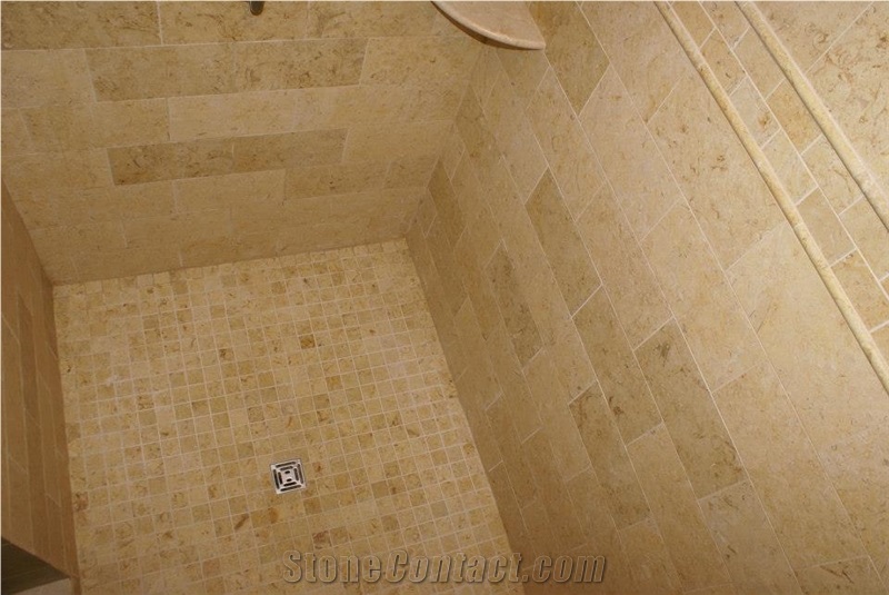 Belgian Truffles Limestone Shower Wall and Floor Application, Beige Limestone Bath Design Egypt