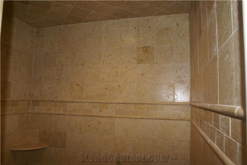 Belgian Truffles Limestone Shower Wall and Floor Application, Beige Limestone Bath Design Egypt