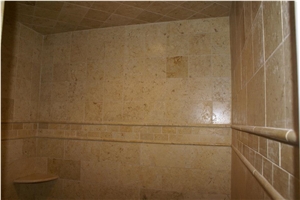 Belgian Truffles Limestone Shower Wall and Floor Application, Beige Limestone Bath Design Egypt