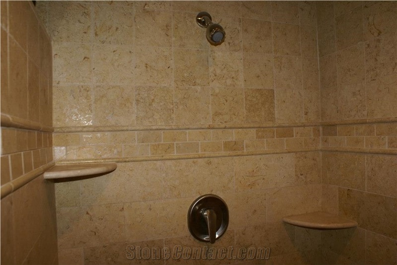 Belgian Truffles Limestone Shower Wall and Floor Application, Beige Limestone Bath Design Egypt