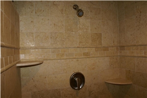 Belgian Truffles Limestone Shower Wall and Floor Application, Beige Limestone Bath Design Egypt