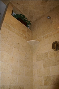 Belgian Truffles Limestone Shower Wall and Floor Application, Beige Limestone Bath Design Egypt