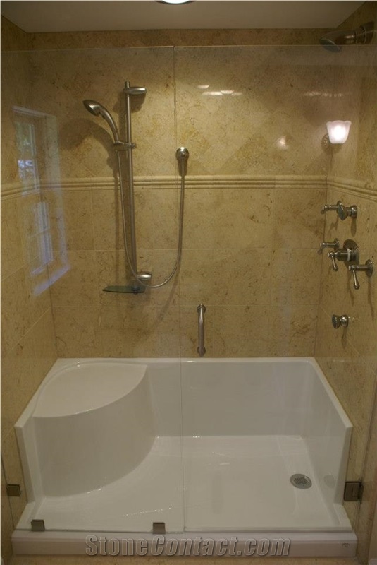 Sandy Creek Limestone Bathroom Design, Shower Wall and Floor Application, Beige Limestone Bath Design Egypt