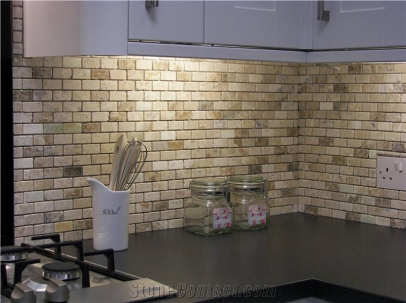 Saraystone Traonyx Travertine Tumbled Brick Mosaic Kitchen Backsplash, Multicolor Travertine Turkey Mosaic