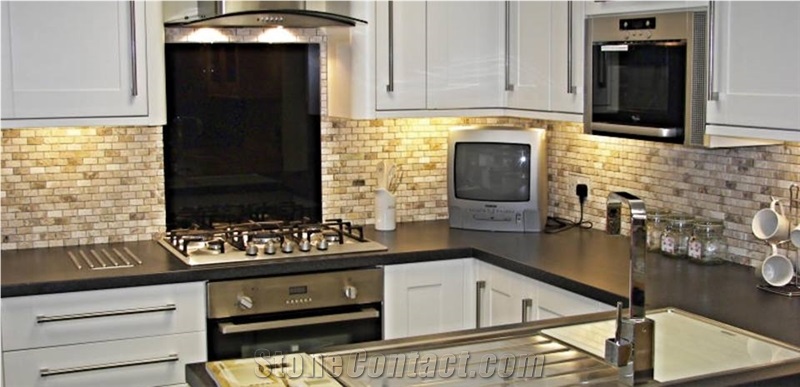 Saraystone Traonyx Travertine Tumbled Brick Mosaic Kitchen Backsplash, Multicolor Travertine Turkey Mosaic