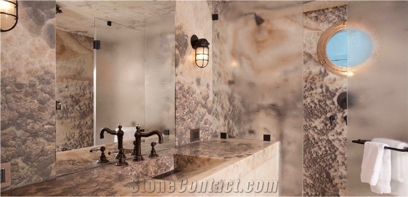 Sunset Cloud Onyx Bathroom Wall and Floors, Shower, Vanity Top, Multicolor Onyx Turkey Bath Design