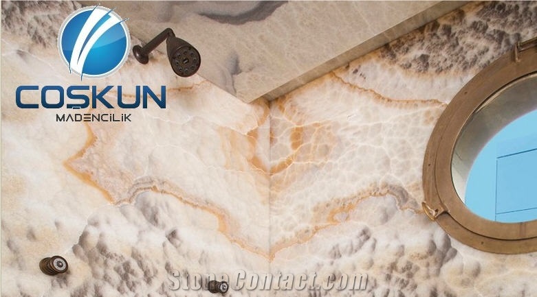 Sunset Cloud Onyx Bathroom Wall and Floors, Shower, Vanity Top, Multicolor Onyx Turkey Bath Design