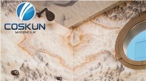 Sunset Cloud Onyx Bathroom Wall and Floors, Shower, Vanity Top, Multicolor Onyx Turkey Bath Design