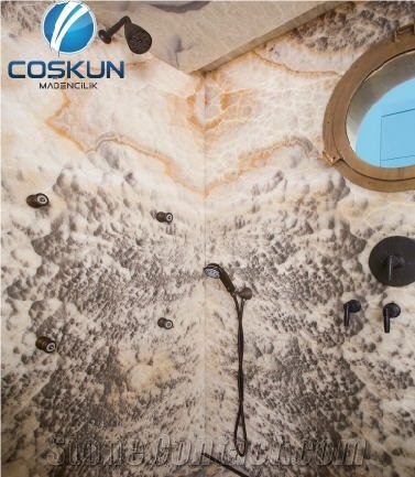 Sunset Cloud Onyx Bathroom Wall and Floors, Shower, Vanity Top, Multicolor Onyx Turkey Bath Design