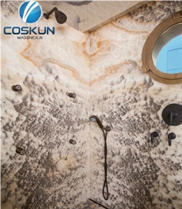 Sunset Cloud Onyx Bathroom Wall and Floors, Shower, Vanity Top, Multicolor Onyx Turkey Bath Design