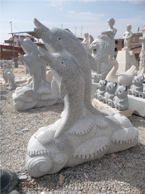Fargo G603 Granite Dolphin Sculptured Fountains, Grey Granite Garden Fountains for Exterior Water Features