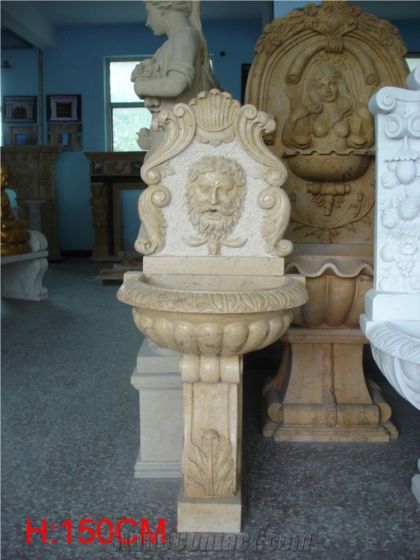 Fargo White Travertine Medium Wall Mounted Fountains, White Travertine Garden Fountains, Sculptured Exterior Fountains for Garden