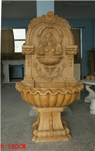 Fargo Yellow Brown Travertine Wall Mounted Fountains, Gold Travertine Sculptured Exterior Fountains for Garden