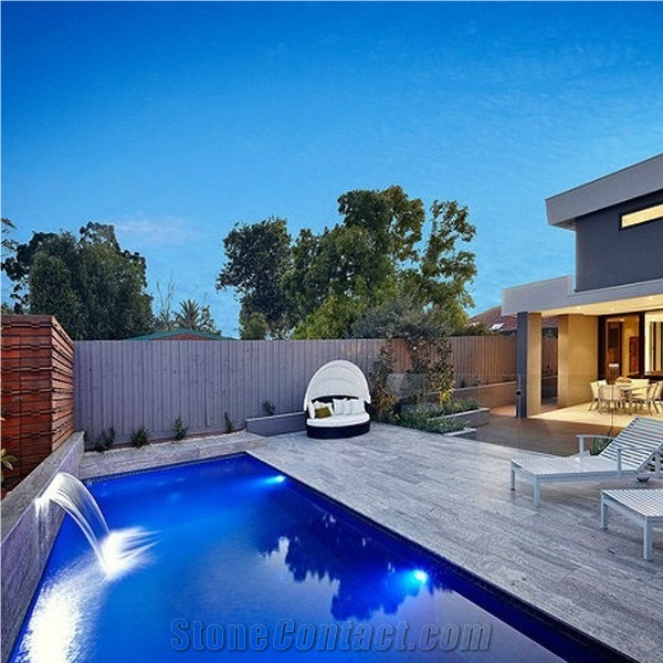 Vein Cut Honed Silver Travertine Unfilled Pavers - 600x300x30mm, Grey Travertine Pool Coping, Pool Pavers