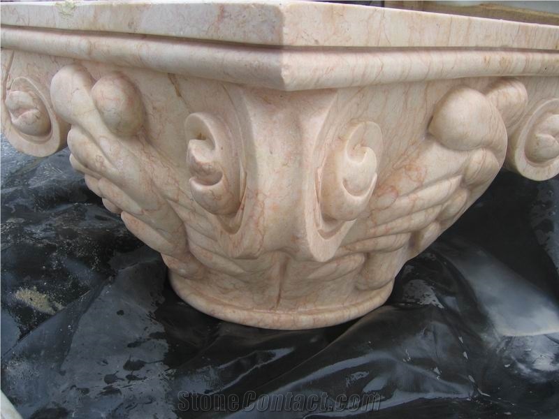 Beige Marble Roman Sculptured Columns, Outdoor Building Stones Architectural Corinthian Columns, Exterior Landscaping Stones Column Bases & Tops