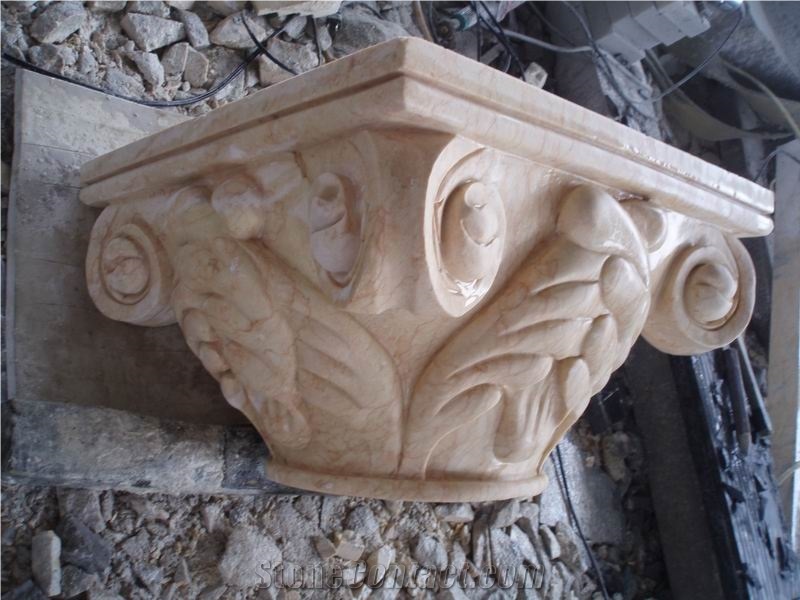 Beige Marble Roman Sculptured Columns, Outdoor Building Stones Architectural Corinthian Columns, Exterior Landscaping Stones Column Bases & Tops