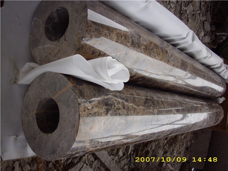 Dark Emperador Marble Round Columns, Spain Brown Marble Constructive Columns, Hollowed Marble Columns