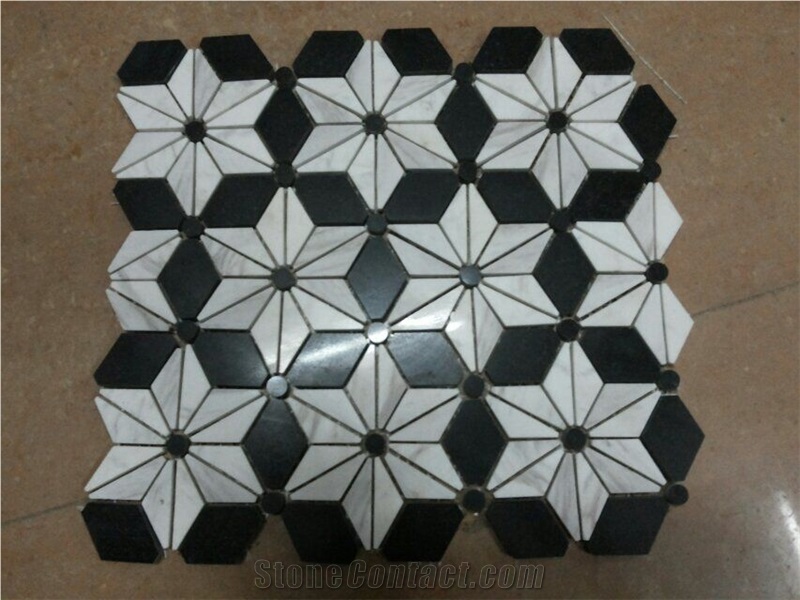 Nero Marquina + Carrara White Flowers Mosaic Pattern