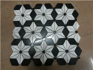Nero Marquina + Carrara White Flowers Mosaic Pattern