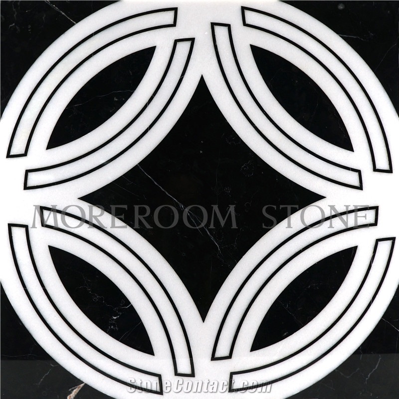 Chinese White Marble Tiles, Spanish Nero Marquina Marble Floor Design Pictures Round Medallions Tiles, Polished Water Jet Marble Floor Medallion Tiles