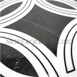 Chinese White Marble Tiles, Spanish Nero Marquina Marble Floor Design Pictures Round Medallions Tiles, Polished Water Jet Marble Floor Medallion Tiles