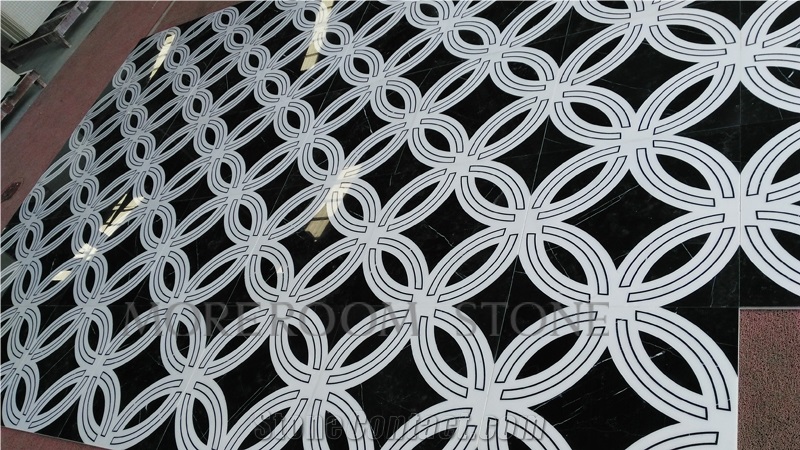 Chinese White Marble Tiles, Spanish Nero Marquina Marble Floor Design Pictures Round Medallions Tiles, Polished Water Jet Marble Floor Medallion Tiles